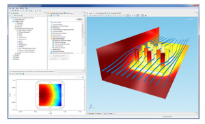 Figure 2: Overview of the COMSOL Desktop. Simulation of a common heat sink is shown, where fluid dynamics and heat transfer are coupled.